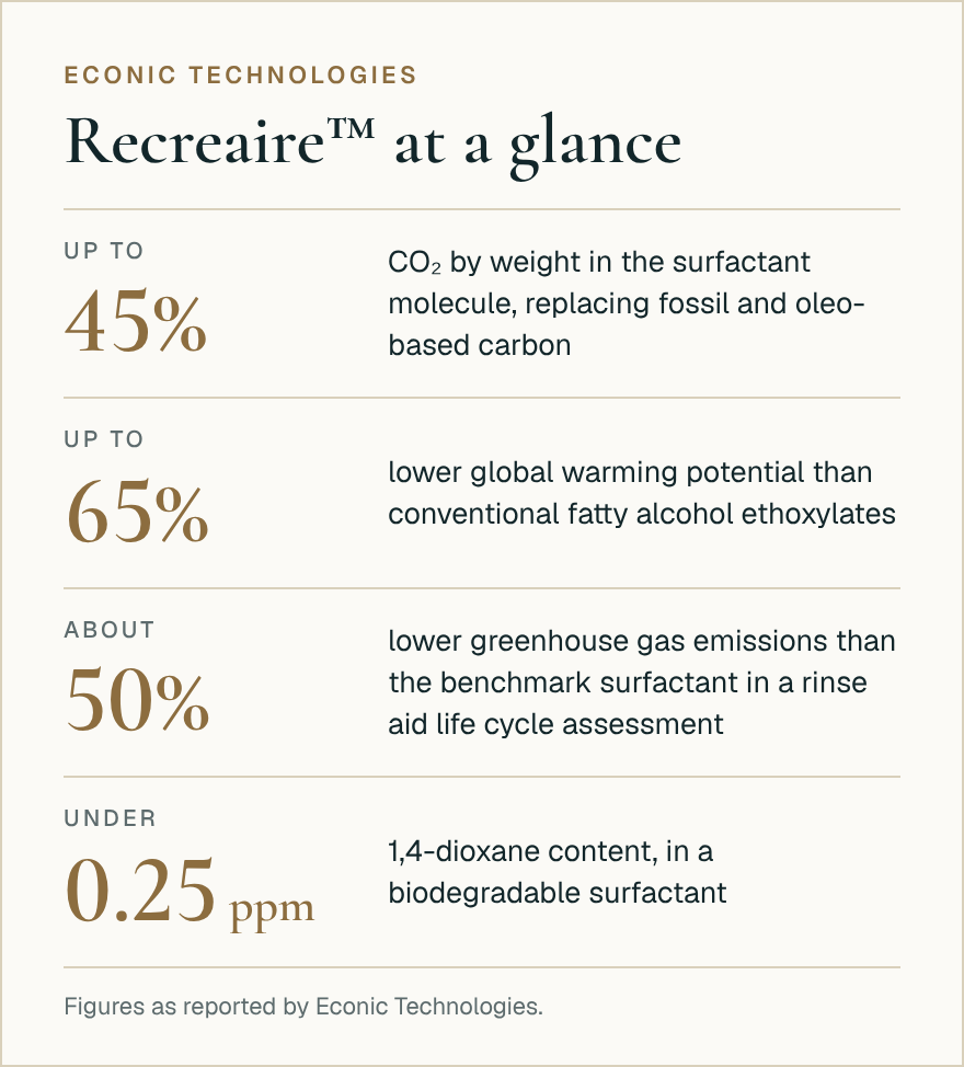 Recreaire at a glance: CO₂ content, global warming potential, rinse aid emissions and 1,4-dioxane